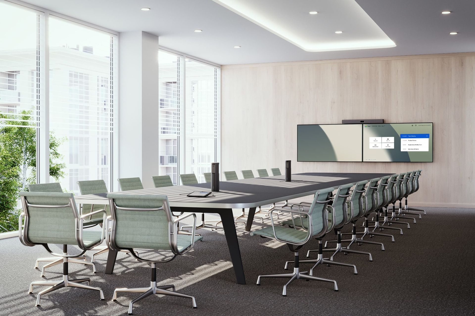 A large meeting room seen along its length: a single long table with a display and camera at the far end, lit by a full wall of windows.